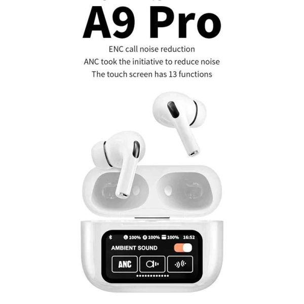 A9 Pro Wireless Earbuds (White) – Premium Sound, ANC/ENC Noise Reduction, Dual Touch Display, Bluetooth 5.3 for Android & iOS