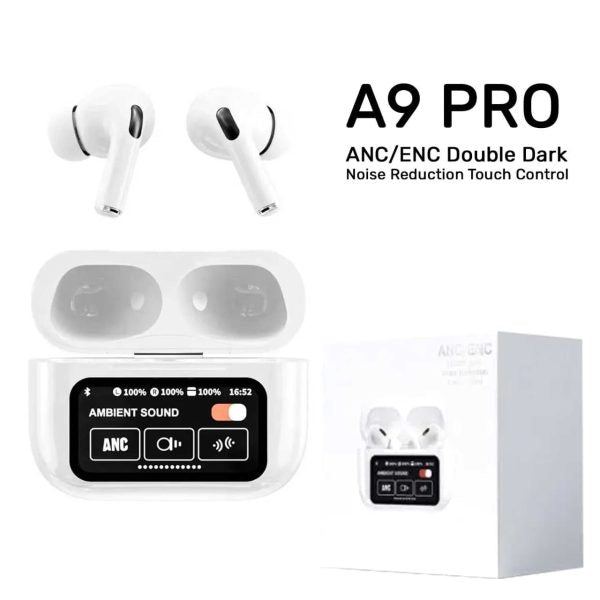 A9 Pro Wireless Earbuds (White) – Premium Sound, ANC/ENC Noise Reduction, Dual Touch Display, Bluetooth 5.3 for Android & iOS